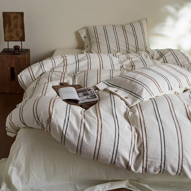Breathable Washed Linen-Blend Striped Duvet Cover Set with Envelope Pillow Shams