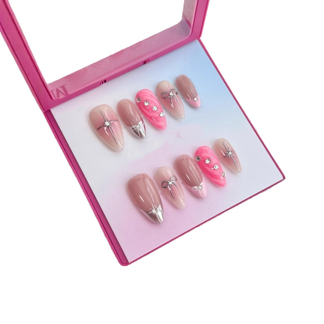 Luxury Press-On Nail Art Set with Decorative Gem and Bow Accents