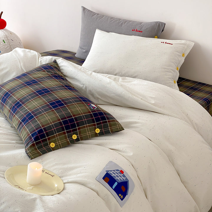 Cotton Percale Duvet Cover Set with Button Closure and Embroidered Accent