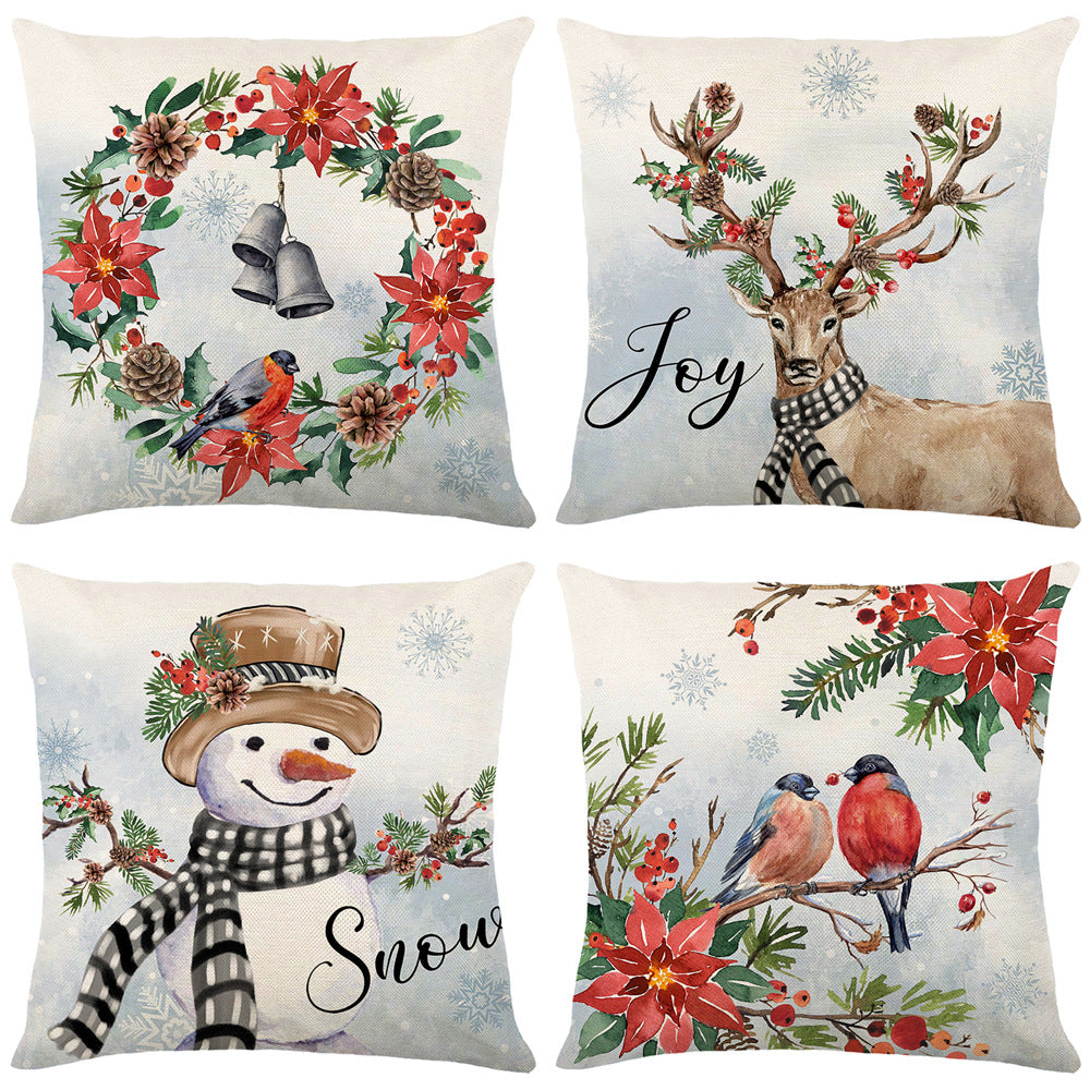 Festive Botanical Wreath Linen-Blend Cushion Cover with Painted Bird & Jingle Bells Artwork