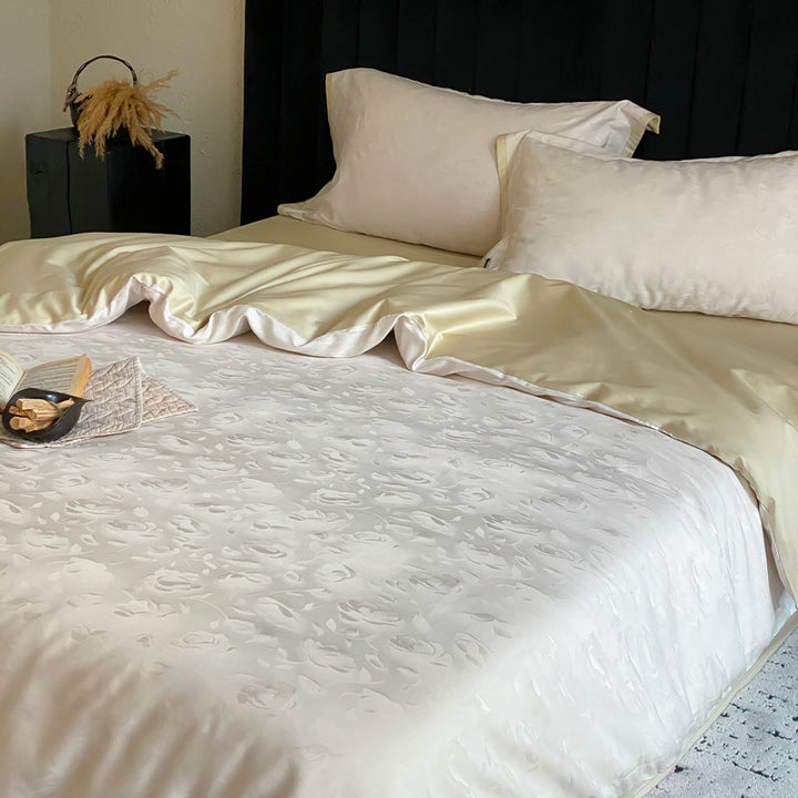 Luxurious satin bedding set with subtle floral jacquard