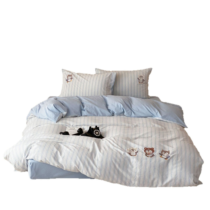 Striped Cotton Duvet Cover Set with Embroidered Animal Pillow Shams