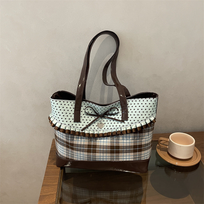 Plaid Tote with Ruffle Accent