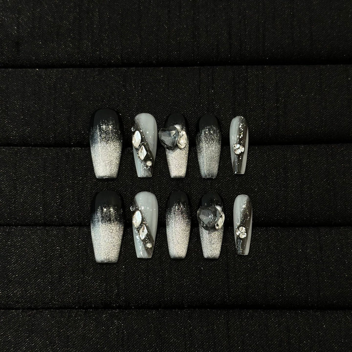 Artistic Ombre Press-On Nail Set with Gemstone Accents