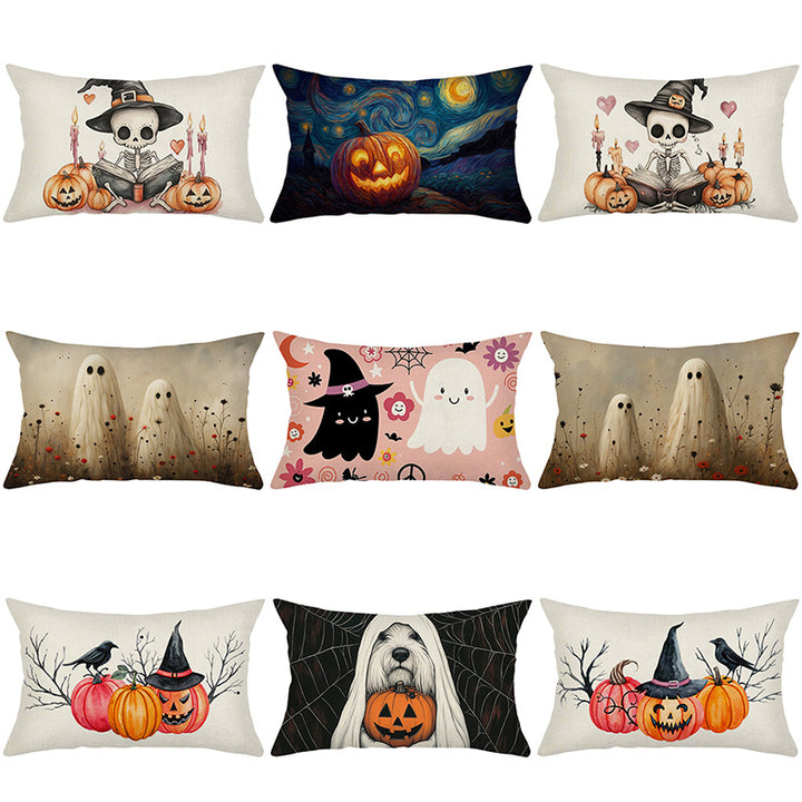 Rectangular Cotton-Linen Halloween Ghost Pattern Lumbar Pillow Cover