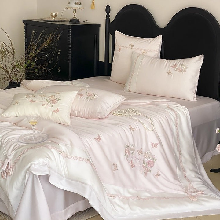 Elegant satin bedding set with rose and butterfly embroidery