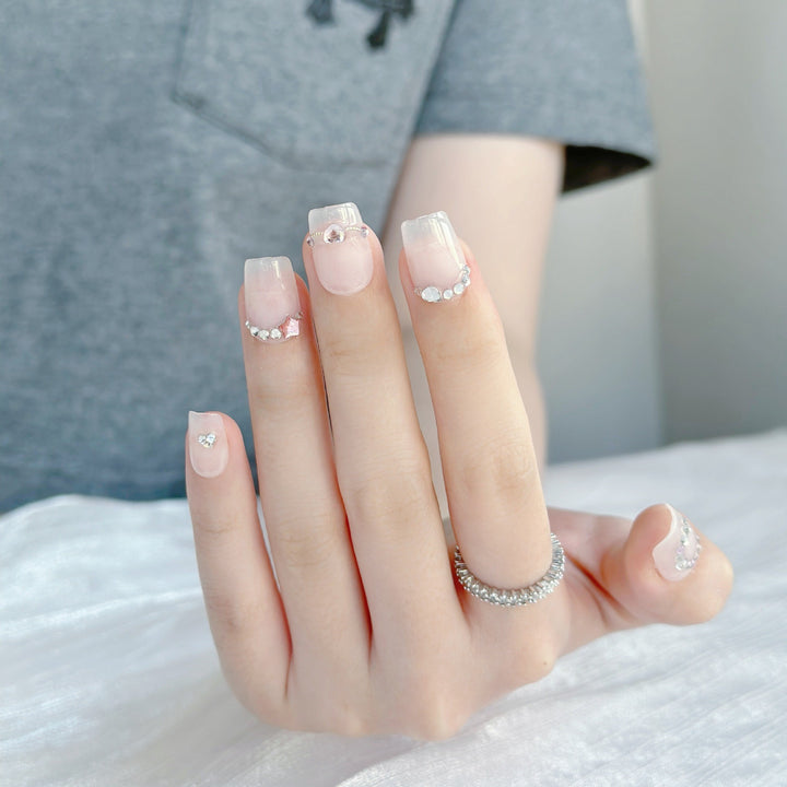 Decorative Press-On Nail Art Set with Gem and Heart Accents