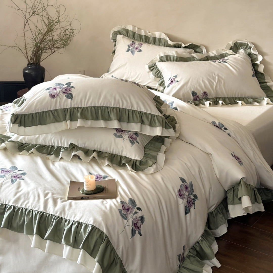 Floral Embroidered Ruffled Cotton Sateen Duvet Cover Set with Double-Layer Ruffle Hem