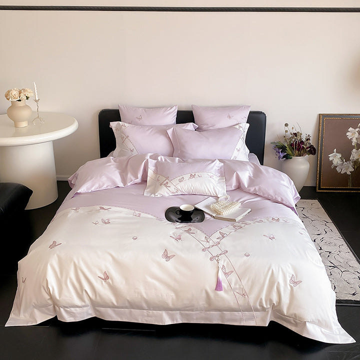 Butterfly-Embroidered Satin-Feel Cotton Sateen Duvet Cover Set with Decorative Shams