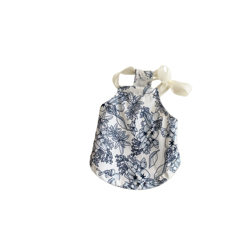 Floral Cotton Baby Halter Romper with Sheer Ribbon Shoulder Ties
