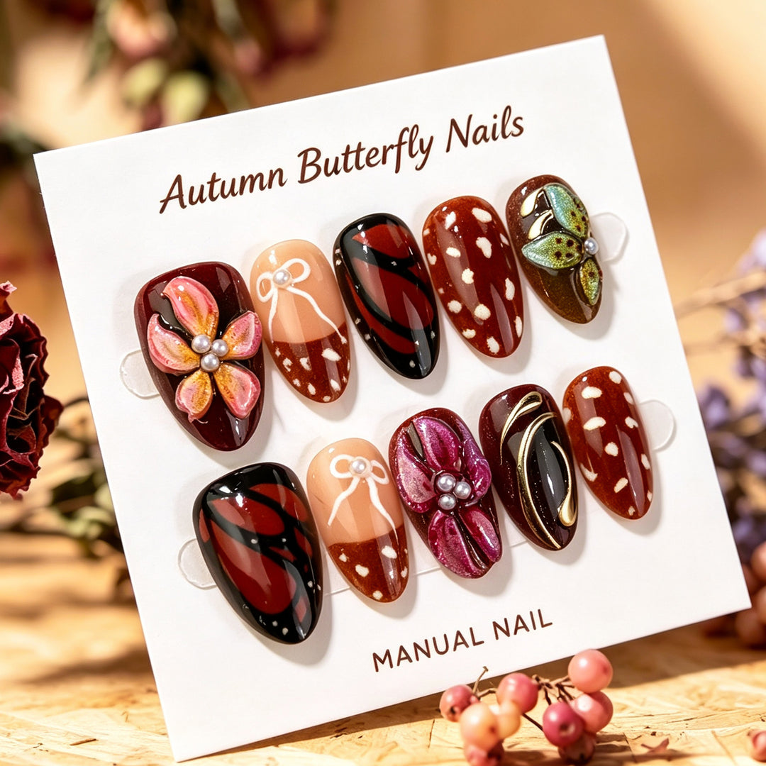 Autumn-Themed Butterfly Press-On Nails
