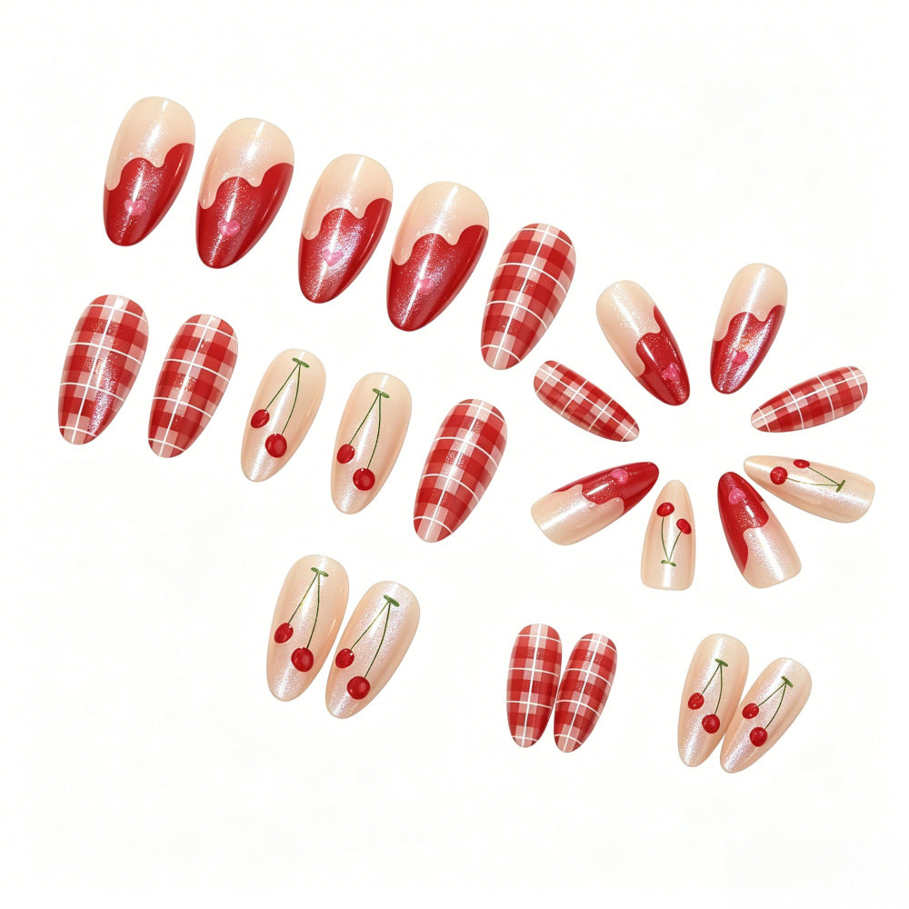 Artificial nails with romantic cherry and checkered pattern Stornfield