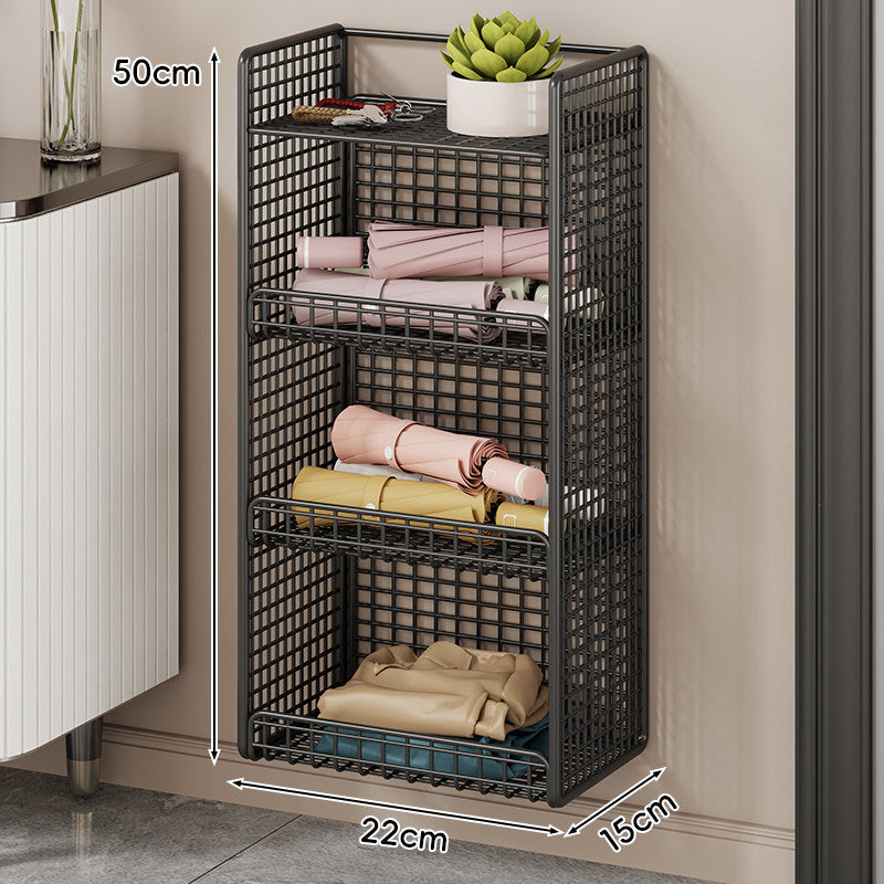 Wall-Mounted Mesh Entryway Organizer with Three-Tier Shelves and Side Umbrella Rack