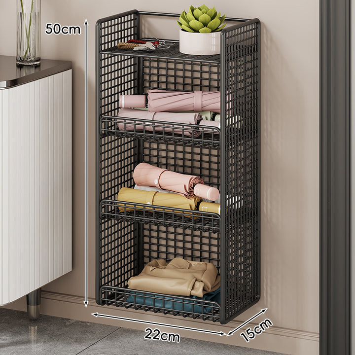 Wall-Mounted Mesh Entryway Organizer with Three-Tier Shelves and Side Umbrella Rack