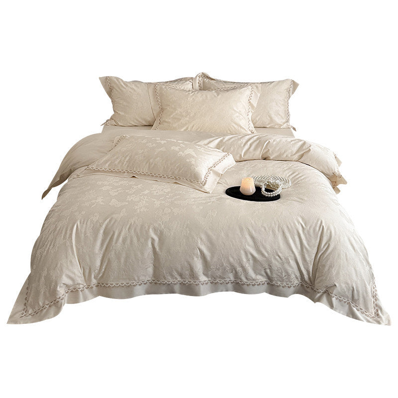 Jacquard Floral Satin-Effect Duvet Cover Set with Scalloped Lace Trim