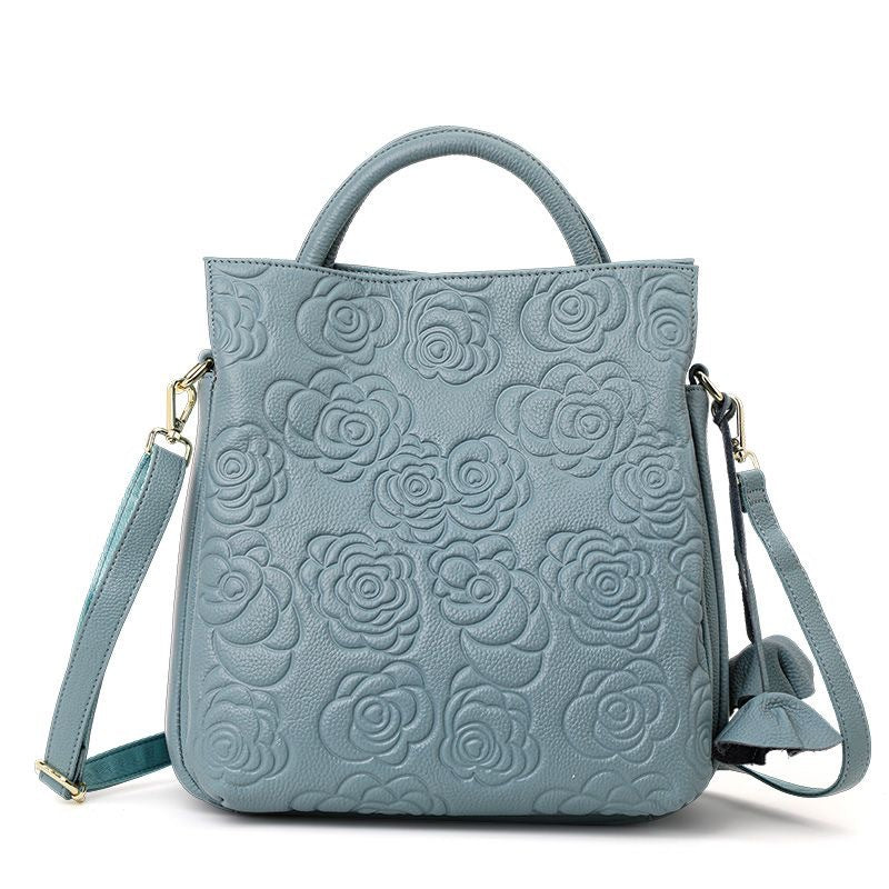 Embossed Floral Leather Tote Bag with Detachable Strap