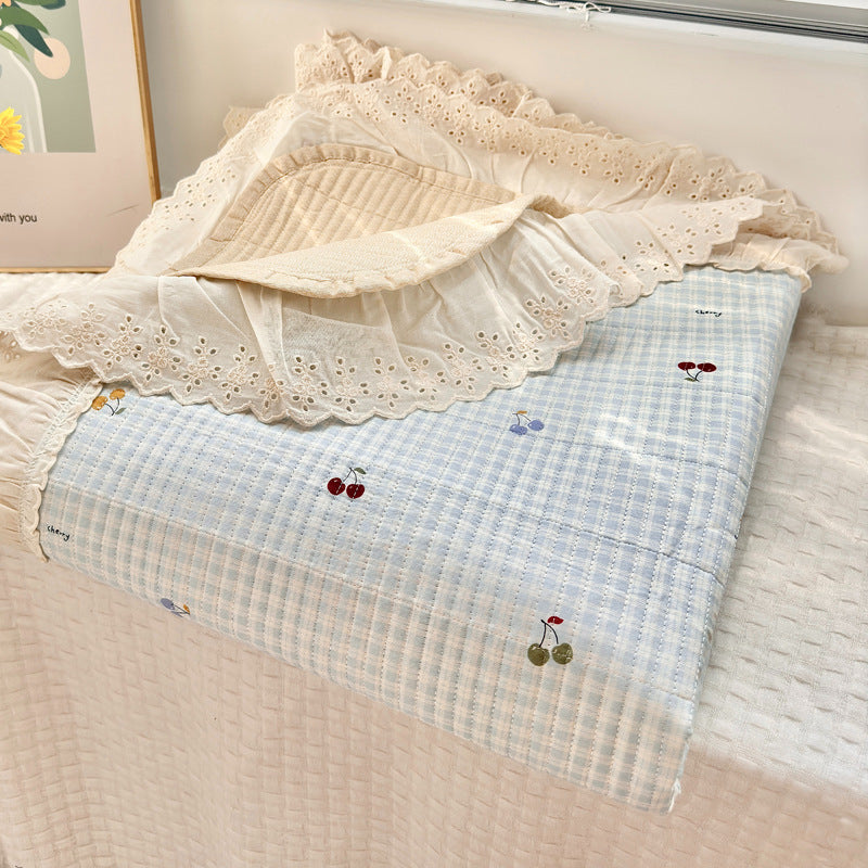 Quilted Floral Reversible Throw Blanket with Eyelet Lace Ruffle