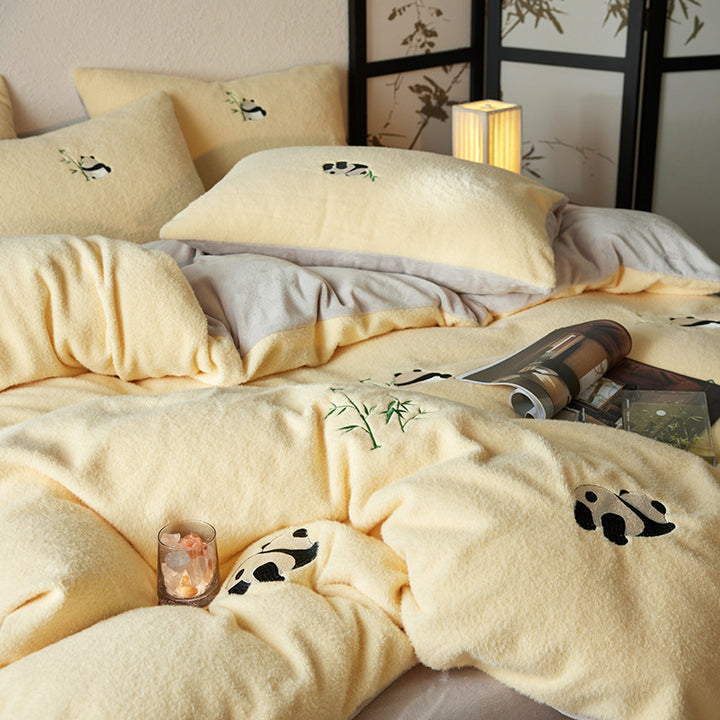 Bedding set with embroidered panda and bamboo design