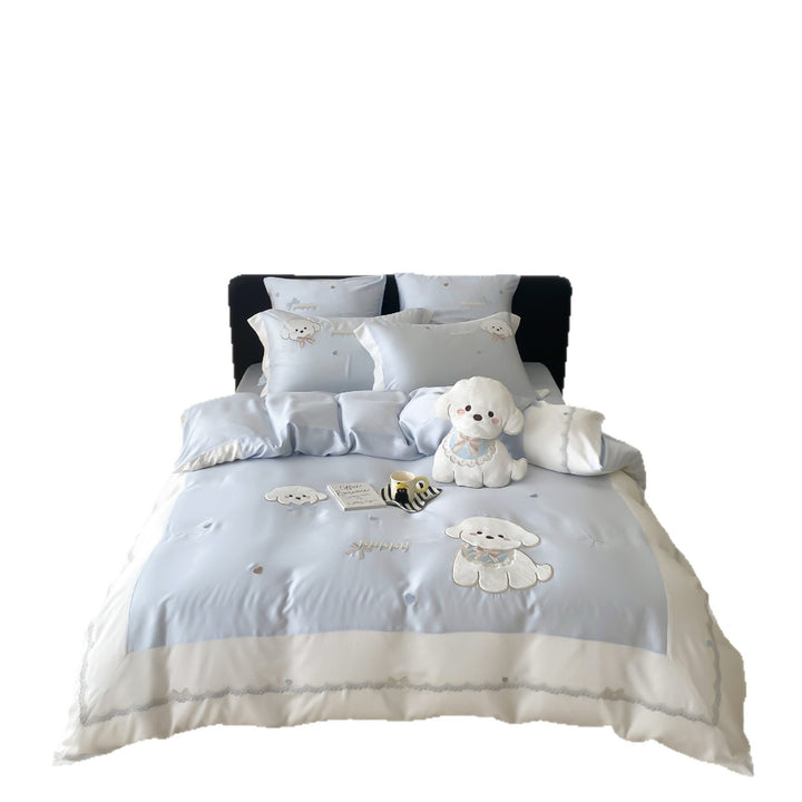 Children's bedding set made of cotton satin with embroidered dog appliqués and cuddly plush toy