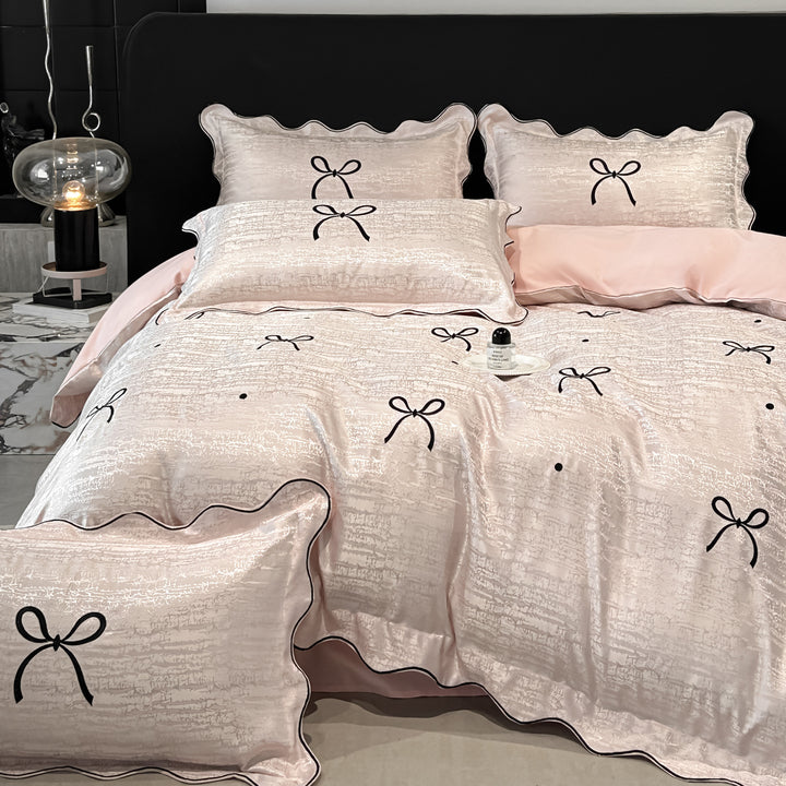 Satin-Weave Embroidered Bow Duvet Cover and Shams Set