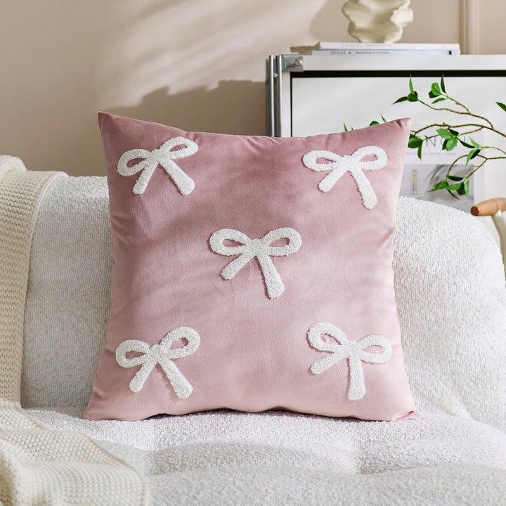 Embroidered Bouclé Bow Velvet Square Throw Pillow Cover