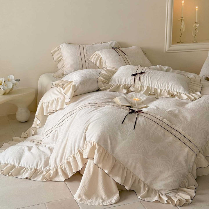 Ruffled Jacquard Cotton Duvet Cover Set with Frilled Bedskirt and Contrast Ribbon Bows