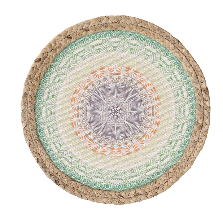Beef seat pouf with mandala print, woven surface and braided jute edge