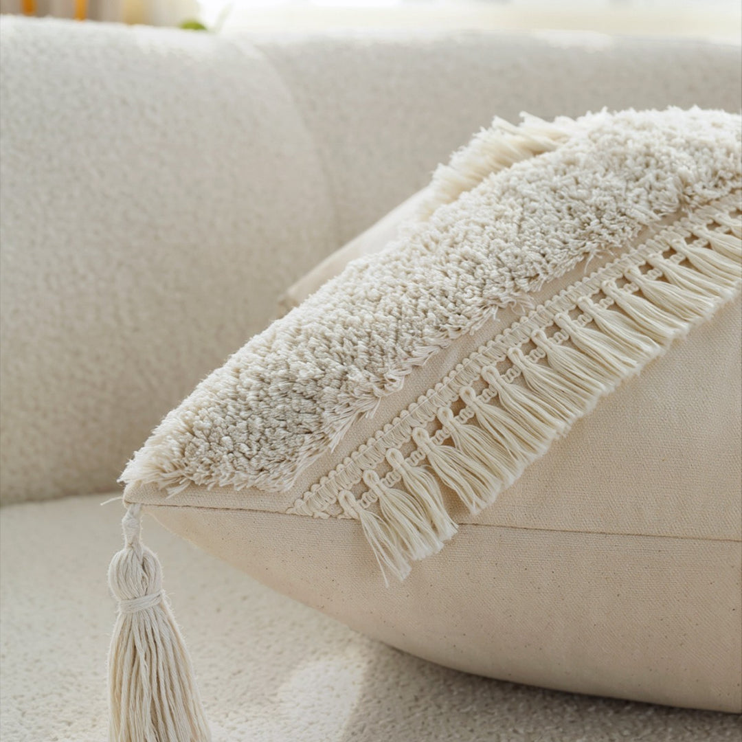 Square Boho cushion cover with diagonal teddy relief, fringes, and corner tassels Stornfield