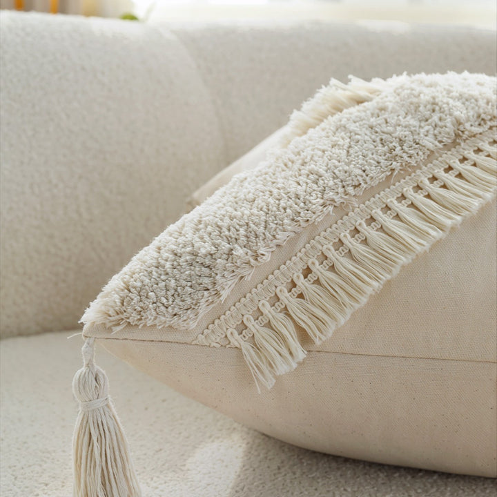 Square Boho cushion cover with diagonal teddy relief, fringes, and corner tassels Stornfield