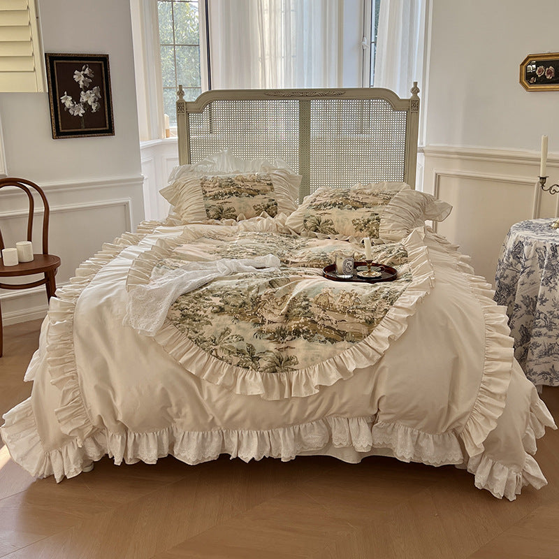 Romantic bedding set with ruffles and vintage toile print