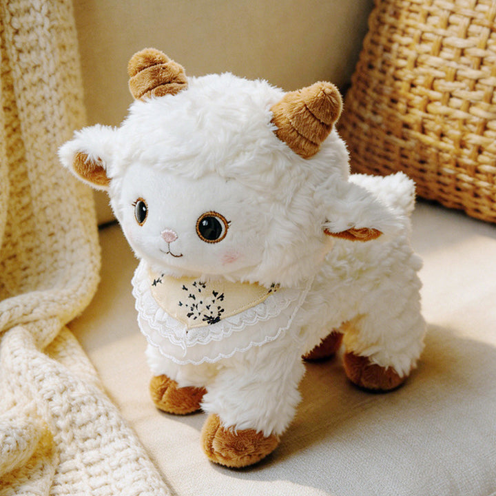 Curled-Horn Ram Plush Collectible with Embroidered Face, Bow Collar & Soft Faux Fur Stornfield