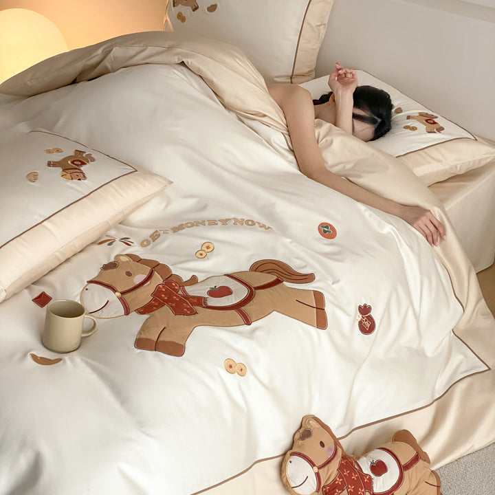 Horse Motif Cotton Sateen Duvet Cover Set with Embroidered Appliqué Pillow Shams