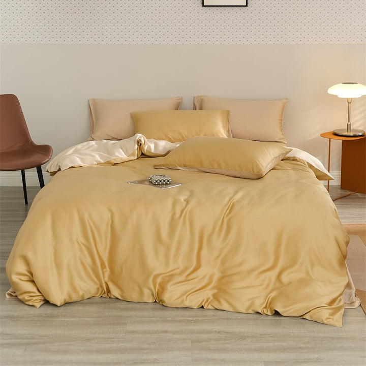 Reversible satin bedding set with a silky glossy feel and skin-friendly cotton blend