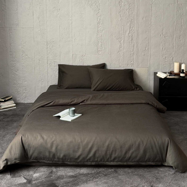 Minimalist Stripe-Textured Cotton Sateen Duvet Cover and Pillowcase Set with Hidden Zipper