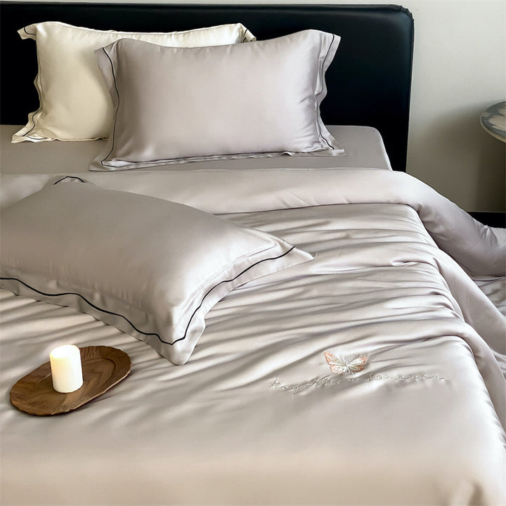 Elegant Satin Bedding Set with Fine Piping and Embroidered Butterfly