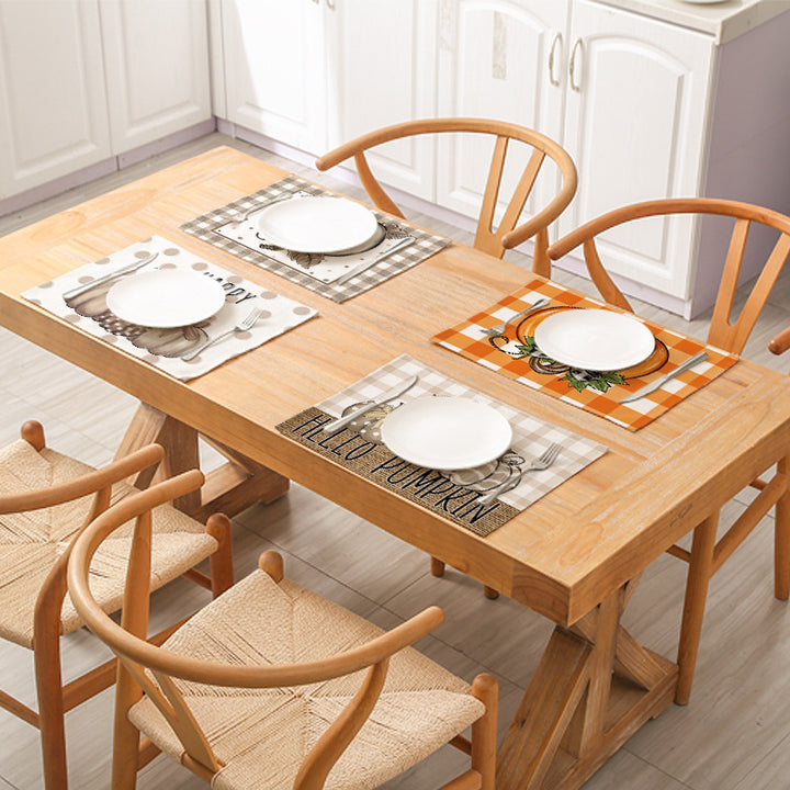 Rectangular Linen-Texture Table Placemat with Watercolor White Pumpkin & Fall Foliage Print