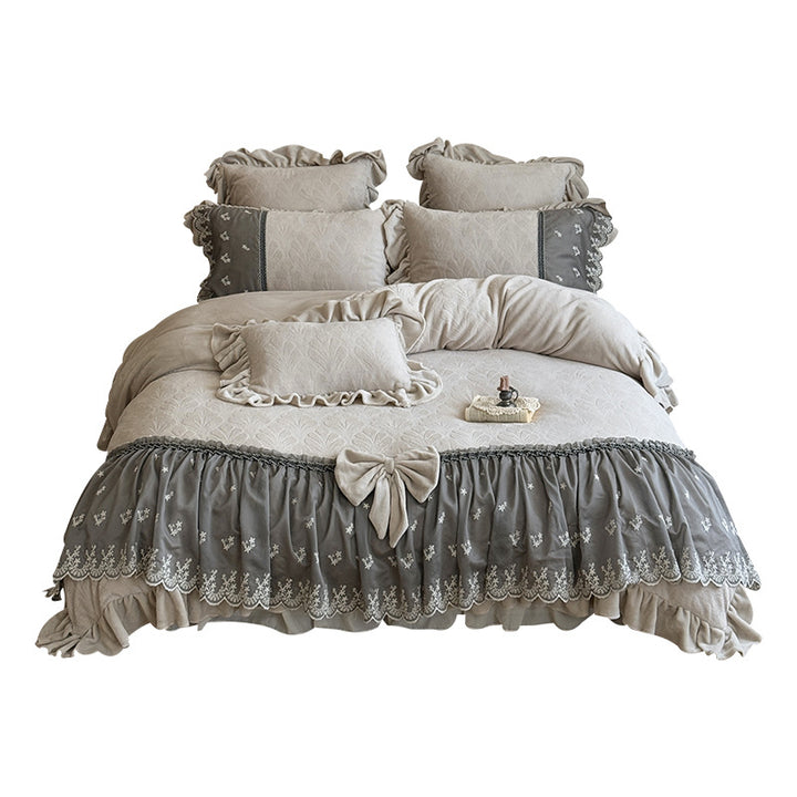 Luxury Ruffled Velvet-Jacquard Duvet Cover Set with Embroidered Lace Skirt & Bow