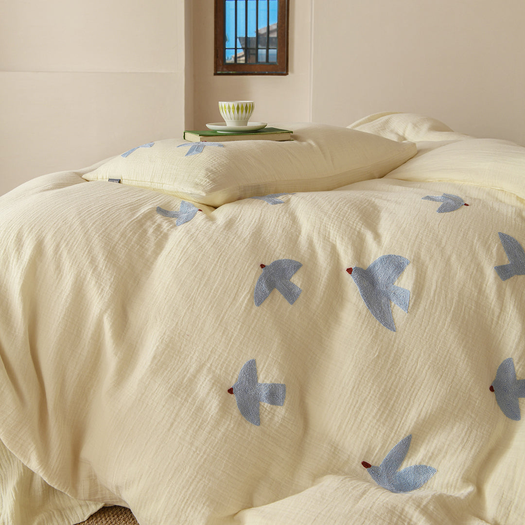 Washed Cotton Muslin Embroidered Bird Duvet Cover Set