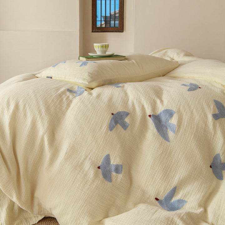 Washed Cotton Muslin Embroidered Bird Duvet Cover Set