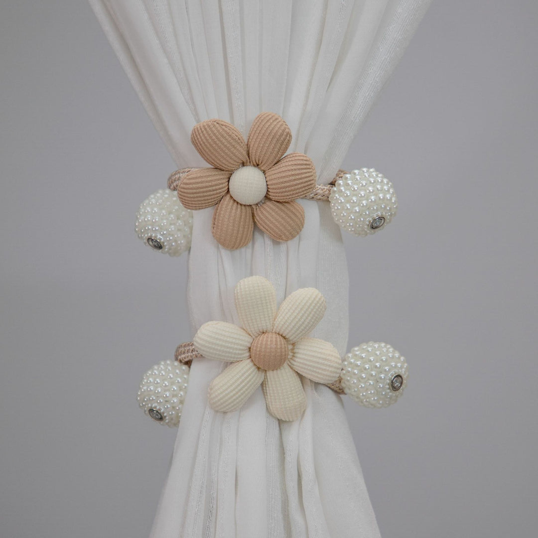 Decorative Fabric Flower Curtain Tieback with Braided Rope and Pearl Pom-Pom Weights