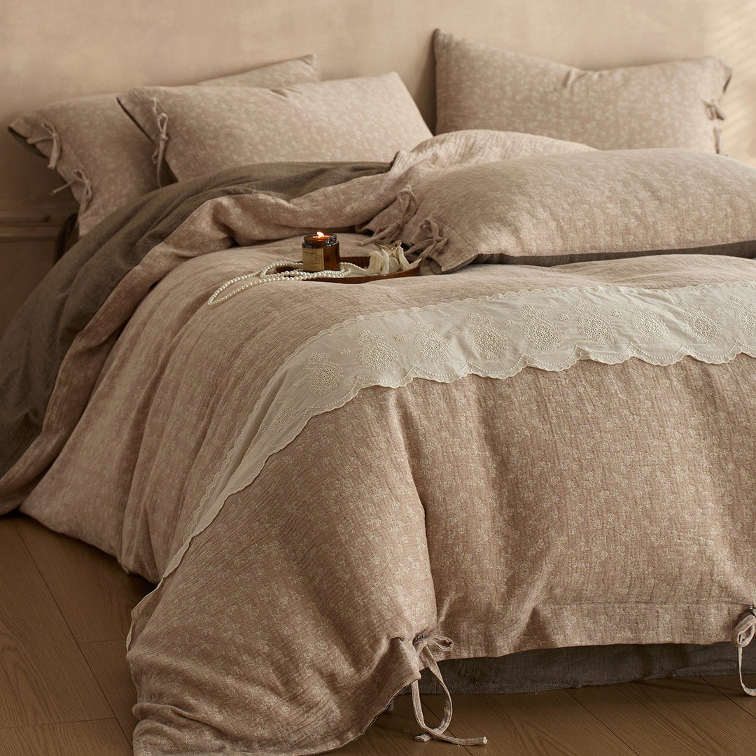 Linen-Blend Embroidered Scalloped-Trim Duvet Cover Set with Corner Tie Closures