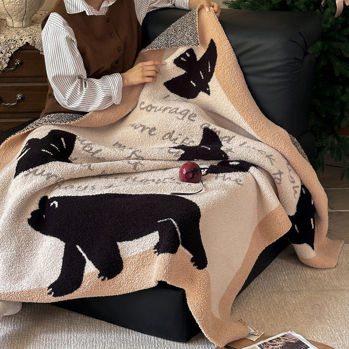 Plush Jacquard Throw Blanket with Playful Cat and Chair Motif