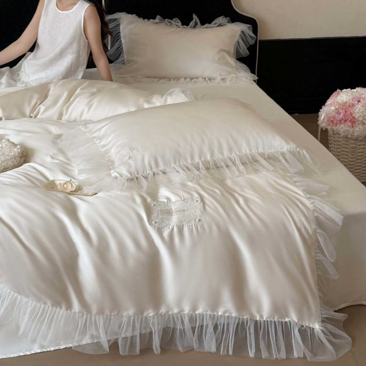 Satin Ruffled Tulle-Trim Button-Down Duvet Cover Set
