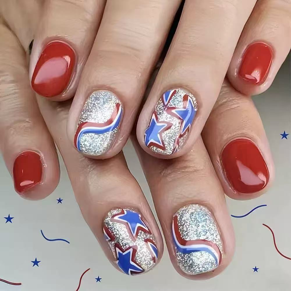 Festive Glittery Star and Stripe Nail Art Stornfield