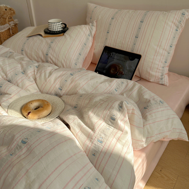 Cotton Washed Stripe Duvet Cover Set with Mini Bear Motif Pillow Shams