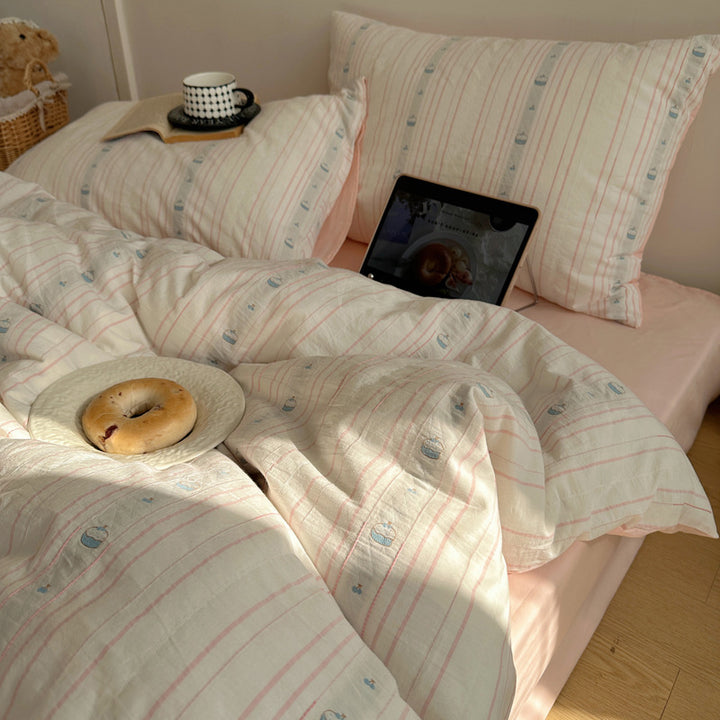 Cotton Washed Stripe Duvet Cover Set with Mini Bear Motif Pillow Shams