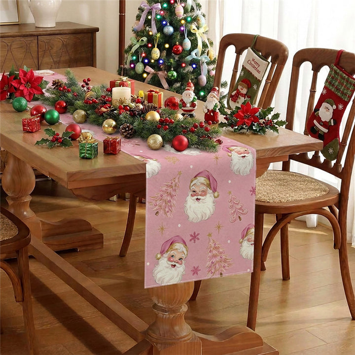Festive Cotton-Linen Christmas Table Runner with Santa Truck and Snowman Illustration