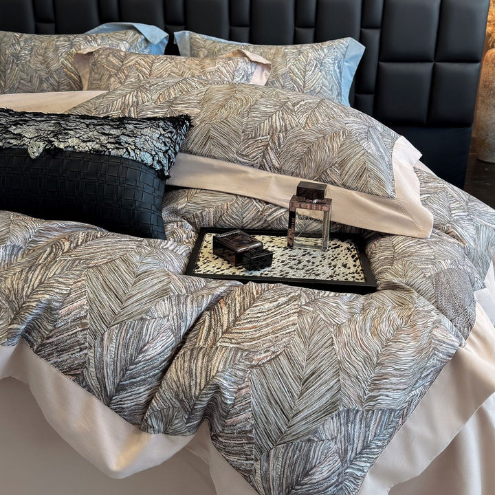 Luxury Cotton-Sateen Botanical Duvet Cover Set with Contrast Piped Hem & Euro Shams