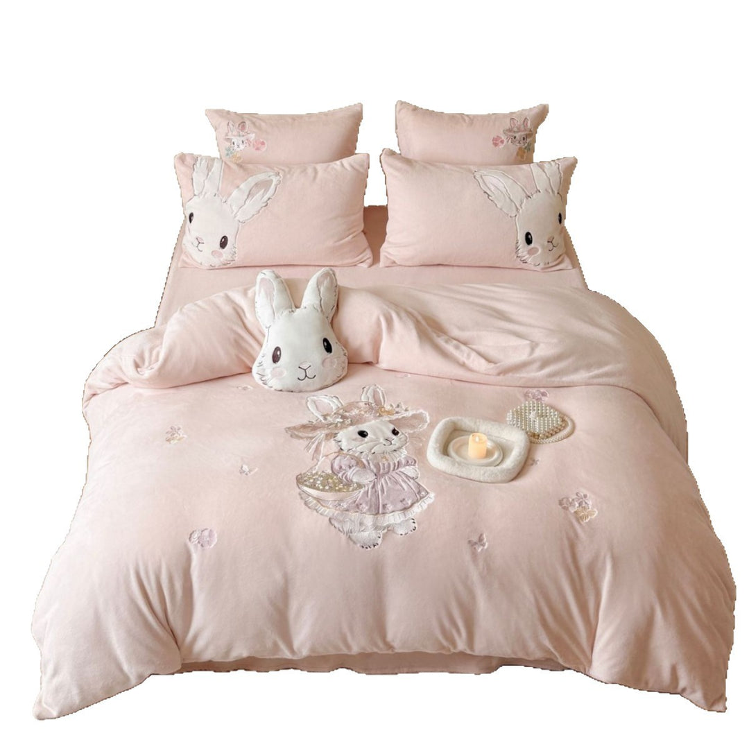 Children's Plush Bunny Appliqué Duvet Cover Bedding Set