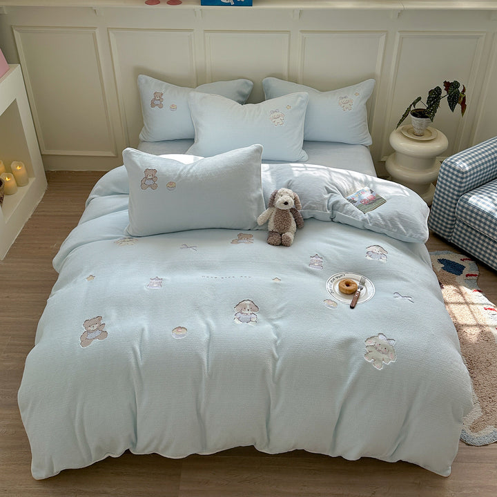 Plush Embroidered Teddy Fleece Duvet Comforter Set with Pillow Shams